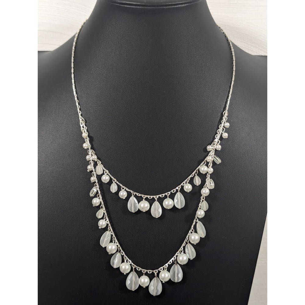 Silver Tone White Faux Pearl‎ Charm Layered necklace Boho Coastal 19 in
